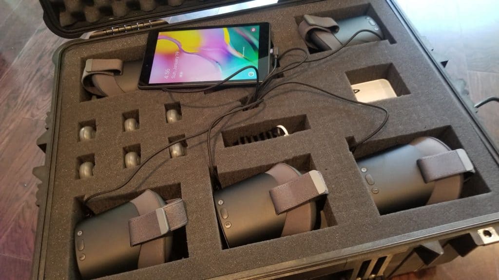 virtual reality travel kit containing 6 pico VR headsets and samsung tablet