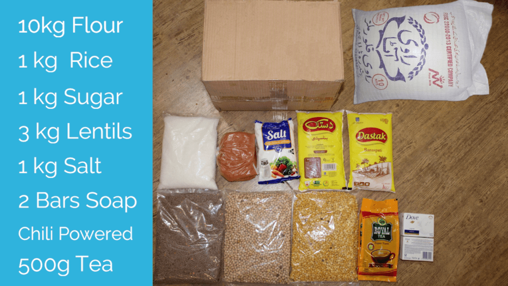 Food for pakistan COVID-19 fundraiser flour, suger, rice, lentils, salt, chili powder, tea and soap.